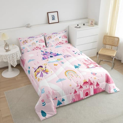 Feelyou Kids Princess Duvet Insert Queen Size, Girls Dreamy Magic Castle Comforter Set Boys Girls for Cartoon Rainbow Bedding Set Fairytale Teens Bedroom Decor with 2 Pillow Case
