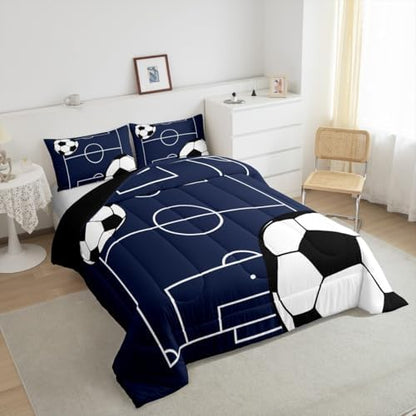 Kids Football Comforter Set Queen Size Soccer Ball Pattern White Comforter for Boys Girls Bedroom Sports Theme Bedding Set Football Court Duvet Set with 2 Pillowcases Breathable Polyester Quilt Set