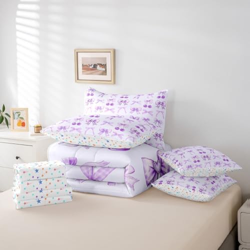 Erosebridal Purple Cherry Bow King Size Comforter Set with Sheets Cute Silk Ribbon Bowknot 7 Piece Bedding Set, Princess Bow Tie Dreamy Kawaii Bed in a Bag, Princess Room Decor Aesthetic