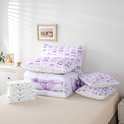 Erosebridal Purple Cherry Bow King Size Comforter Set with Sheets Cute Silk Ribbon Bowknot 7 Piece Bedding Set, Princess Bow Tie Dreamy Kawaii Bed in a Bag, Princess Room Decor Aesthetic