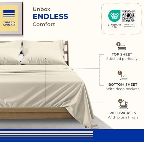 THREAD SPREAD Egyptian Cotton Sheets Queen Size - 1000 Series High Thread Count Cotton Queen Sheet Set (6 PC, Ivory), 16" Snug Fit Deep Pocket, Cooling, Sateen Weave, Ultra-Soft Hotel Luxury Sheets