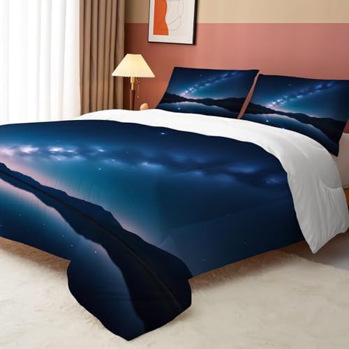 Galaxy Comforter Set Twin Size Space Bedding for Kids Girls Boys Water Lake Night Stars Moon Bedroom Decor Quilt Bed Sets, 1 Comforter 1 Pillowcase