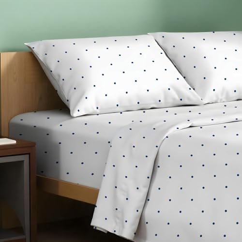 TEXAS LINEN CO. 100% Organic Cotton Sheets Twin Size - 3 PC Organic Cotton Percale Printed Sheets Twin Set (Navy Polka Dot), Soft, Cooling Bedsheets, 16" Deep Pocket Hotel Bedding - GOTS Certified