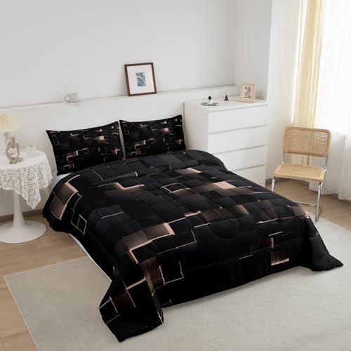 Erosebridal Black and Pink Bedding Set King Neon Geometric Checkered Comforter Set for Kids Girls Teen,Tereoscopic Grids Comforter Square Plaid Quilt Duvet Room Decor 3 Pcs