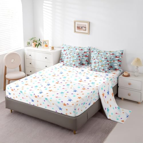 Erosebridal Cartoon Airplane King Size Comforter Set with Sheets for Kids, Cute Aircraft 7 Pcs Bedding Set for Boys Girls Child Teens Adults Bedroom, White Cloud Bed in A Bag, Star Print Bed Sets