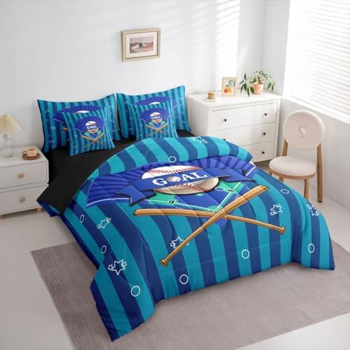 Erosebridal Navy Blue Boys Kids Ball Games Boys Baseball 7 Piece Bedding Set Twin | Sports Theme Gaming Pattern Comforter Set with Sheets Stripes Geometric Bed in A Bag Playground Bed Sets