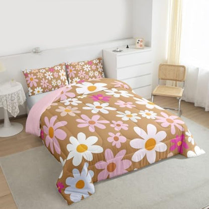 jejeloiu Cute Flower Comforter Set All Season Colorful Daisy Bedding Set with 1 Pillow Cases Blossom Flowers Pattern Microfiber Kids Toddler Bedclothes Kawaii Bedroom Decor Duvet Quilt Breathable Soft