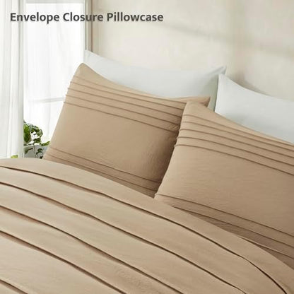 Oli Anderson 3PCS Pleated Duvet Cover Set, Khaki, Queen
