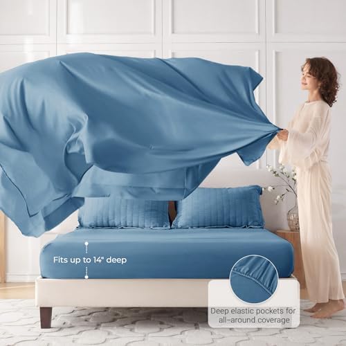 MUXHOMO 7 Pieces California King Comforter Set, Seersucker Bed in a Bag Cal King Size, All Season Luxury Bedding Set with Comforter, Flat Sheet, Fitted Sheet, Pillowcases & Shams, Mineral Blue