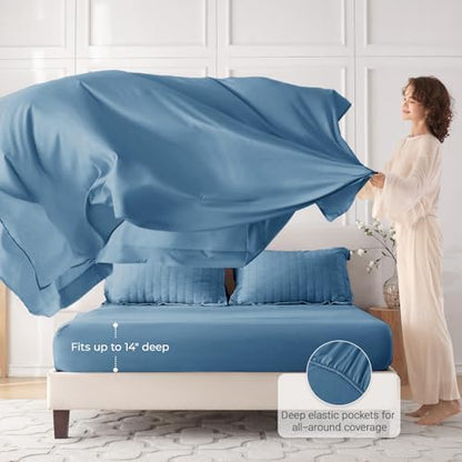 MUXHOMO 7 Pieces California King Comforter Set, Seersucker Bed in a Bag Cal King Size, All Season Luxury Bedding Set with Comforter, Flat Sheet, Fitted Sheet, Pillowcases & Shams, Mineral Blue