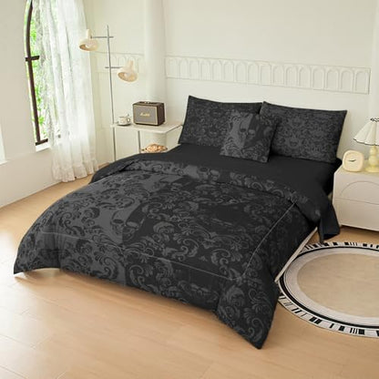 6pc Skull Comforter Set,Queen Size Gothic Bedding Sets for Kids,Gothic Comforter Set with 1 Quilt+1 Flat Sheet+1 Fitted Sheet+2 Pillowcases+1 Cushion Cover(Skulls Queen)