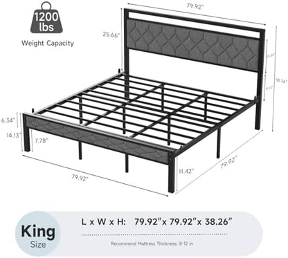 Z-hom King Size Bed Frame, King Bed Frame with Upholstered Headboard,Grey