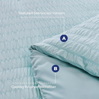 HYMOKEGE Lake Blue Oversized King Comforter Set Seersucker 7 Pieces, All Season Luxury Bed in a Bag for Bedroom, Bedding Set with Comforter, Sheets, Pillowcases & Shams