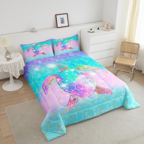 Erosebridal Mermaid Scales Comforter Set for Girls, Tortoise Reptile Bedding Set Twin Size, Sea Turtle Ocean Life Duvet Sets for Kids Children Boys Women, Sweet Girly Down Comforter, Teal Blue