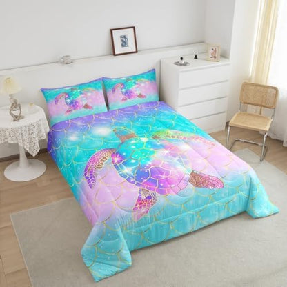 Erosebridal Mermaid Scales Comforter Set for Girls, Tortoise Reptile Bedding Set Twin Size, Sea Turtle Ocean Life Duvet Sets for Kids Children Boys Women, Sweet Girly Down Comforter, Teal Blue