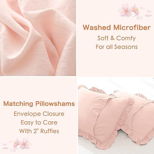 Masaca Shabby Ruffled King Comforter Set,Farmhouse Blush Pink Bedding Comforter Lightweight Ultra Soft Vintage French Country Bedding Set 3pc (1 Ruffle Comforter and 2 Pillowcases)