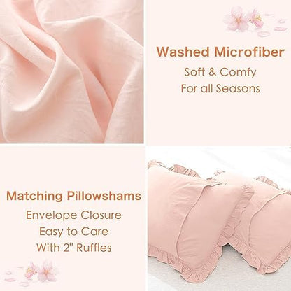 Masaca Shabby Ruffled King Comforter Set,Farmhouse Blush Pink Bedding Comforter Lightweight Ultra Soft Vintage French Country Bedding Set 3pc (1 Ruffle Comforter and 2 Pillowcases)