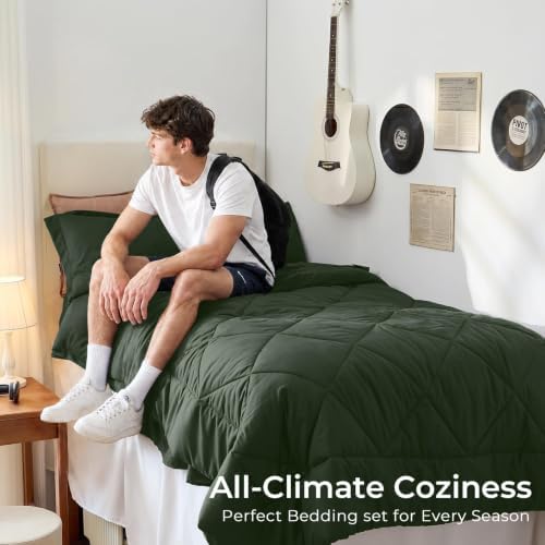 HEVUMYI 5-Piece Twin XL Comforter Set, Dark Green Bed in a Bag