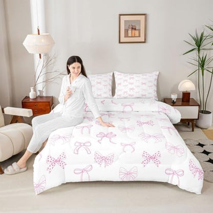 jejeloiu Bowknot Comforter Set Toddler Size Pink Bow Bedding Set for Kids Boys Girls Dreamy Princess Style Duvet Quilt Pink Bow Tie Bedroom Decor Microfiber 2 Pcs with 1 Pillow Cases