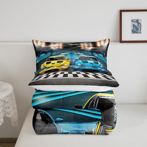 Feelyou Sports Car Comforter Extreme Sports Decor Comforter Set for Kids Boys Yellow Blue Race Car Bedding Set Cool Speed Competitive Racing Car Quilt Room Decor 3Pcs Queen Size Boys