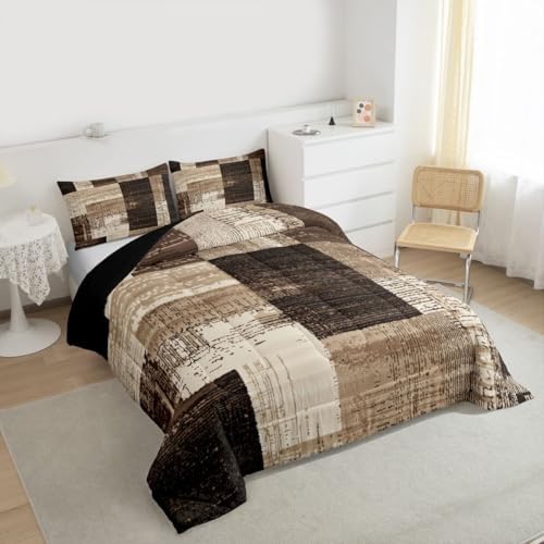 jejeloiu Modern Geometric Comforter Set King Size Brown Patchwork Texture Retro Bedding Set for Kids Boys Girls Modern Art Duvet Quilt Luxury Bedroom Decor Microfiber 3 Pcs with 2 Pillow Cases