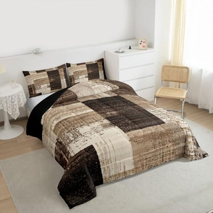 jejeloiu Modern Geometric Comforter Set King Size Brown Patchwork Texture Retro Bedding Set for Kids Boys Girls Modern Art Duvet Quilt Luxury Bedroom Decor Microfiber 3 Pcs with 2 Pillow Cases