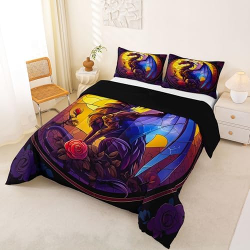 Feelyou Dragon Bedding Set Soft for Boys Girls, Dragon Stuff Comforter Set King Size Wild Life Duvet Quilt Microfiber Jungle Dino Bedroom Decor Black Yelllow 3 Pcs with 2 Pillow Cases