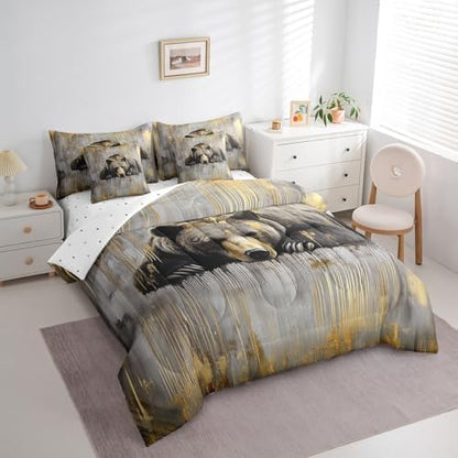 Erosebridal 7 Piece Grizzly Bear Comforter Set Full Hunting Bear Bedding Set Country Farmhouse Woodland Animal Bed in a Bag Vintage Golden Paint Sheet Set with Comforter Rustic Cabin Decor