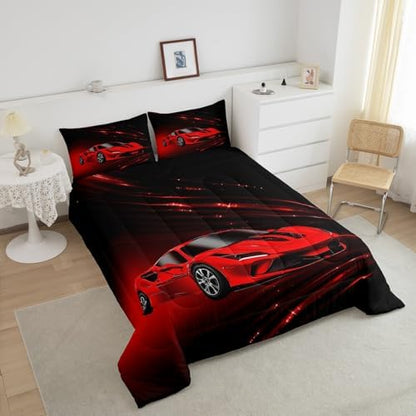 Feelyou Boys Red Race Car Bedding Set Toddle Size Speed Sports Car Comforter Set for Kids Teens Adult Fast and Furious Duvet Set Red Ombre Quilt Set 2Pcs