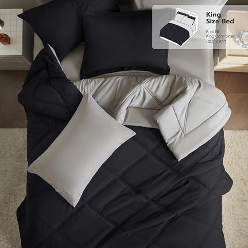 JOIEDOMI King Size Comforter Set with Sheets Black, 7 Pieces King Bedding Set with 1 Down Alternative Comforter, 1 Flat Sheet, 1 Fitted Sheet, 2 Pillowcases and 2 Pillow Shams Bed in a Bag All Seasons