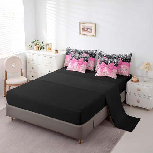 Pink Bowknot Bed in a Bag King Size Comforter Set 7 Pieces,Cute Bow Knot Bedding Set,Kawaii Silk Ribbon Sheet Set Glitter Sequin Print Diamond Bed Set,Dreamy Princess Style Pink Home Decor