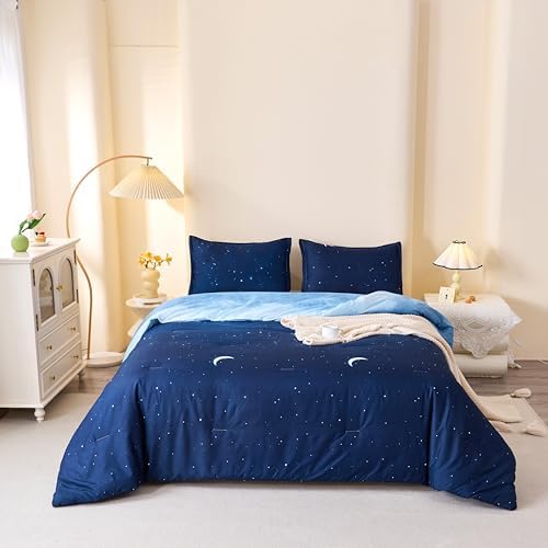 Caressma Blue Starry Sky Comforter Set Moon Galaxy Queen Size 3 Pieces