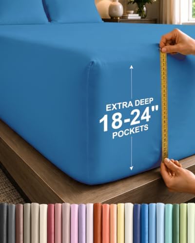 CGK Linens Extra Deep Queen Fitted Sheet - Fitted Sheet Only - Denim Blue