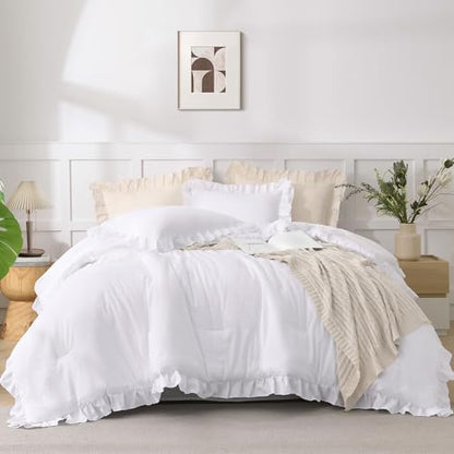 Andency King Size Comforter Set White, 3 Pcs Ruffle Farmhouse Bedding Sets