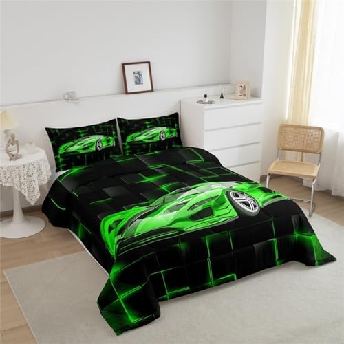 Feelyou Kids Green Race Car Comforter Set King Size Speed Sports Car Bedding Set for Boys Teens Decor Geometric Honeycomb Comforter Extreme Sports Duvet Set 3pcs