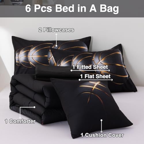 A Nice Night 6Pcs Bed in A Bag Queen Basketball Comforter Set for Kids Teen