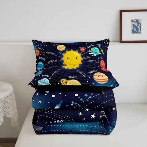 Erosebridal Outer Space Comforter Set Starry Sky Bedding Set King Size for Kids Boys Girls Room Galaxy Planet Space Duvet Sets Solar System Cartoon Down Comforter 3 Pieces with 2 Pillow Cases, Blue