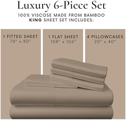 Bamboo Bay 6 Piece King Size Sheet Set, 100% Viscose Made from Bamboo, Breathable, Ultra Soft Cooling Bed Sheets for Hot Sleepers, Beddings with Deep Pockets Fit 16" Mattress, Sand Beige
