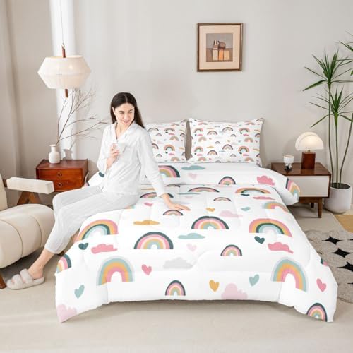 Erosebridal Kids Rainbow Bedding Set, Girly Love Heart Comforter Set Full Size Cartoon Rainbow Cloud Duvet Sets for Girls Boys Women Bedroom Decor, Soft Microfiber Down Comforter 3 Pieces,Colorful
