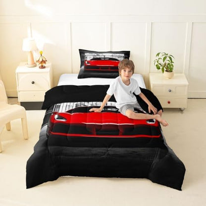 Feelyou Boys Red Race Car Comforter Set Queen Size Red Luxury Car Bedding Set for Kids Boys Girls Extreme Sports Duvet Quilt Fast and Furious Bedroom Decor 3 Pcs with 2 Pillow Cases