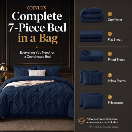 CozyLux Oversized King Comforter Set Navy, 7 Pieces Pintuck Bed in a Bag