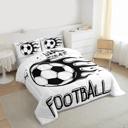 Erosebridal Kids Sports Comforter Set for Boys Girls Football Bedding Set King Soccer Prints Fire Ball Quilted Duvet Teens Black and White Teen Bedding 3pcs with 2 Pillowcase, Lightweight Cozy