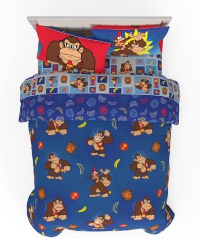 Franco Nintendo Donkey Kong Gaming Bedding 7 Piece Super Soft Reversible Comforter and Sheet Set with Sham, Queen, (Officially Licensed Product)