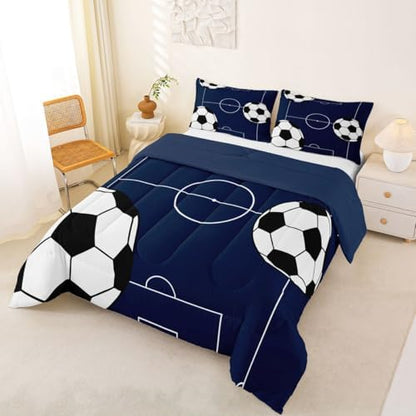 Castle Fairy Football Comforter Set King Size,Dark Blue White Ball Gaming Down Alternative Boys Bedroom Decor,Kids Soccer Sports Theme Ultra Soft Microfiber Inner Fill 3Pcs Bedding,All Season