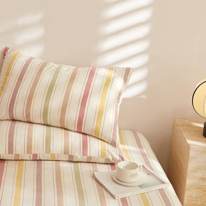 mixinni Vintage Striped Duvet Cover Set Queen, 3-Piece Washed Cotton Bedding Set - Soft, Breathable & Colorful Marble Stripe Pattern, All-Season Comforter Cover with Zipper-Queen Size