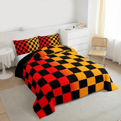 Checkered Retro Bedding Set for Boys Girls Geometric Vintage Comforter Set King Size Red Yellow Duvet Quilt Modern Groovy Aesthetic Bedroom Decor 3 Pcs with 2 Pillow Cases