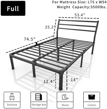 ROIL 14 Inch Full Bed Frame with Headboard & 4 Mattress Baffles