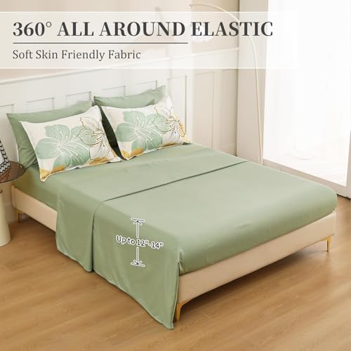 Luxudecor Sage Green Floral Comforter Set Full Size, 7 Pieces Bed in a Bag Gold Glitter Metallic Comforter and Sheet Set, Soft Microfiber Complete Bedding Sets for All Seasons