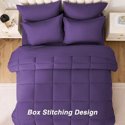 Love's cabin Twin XL Comforter Set Dark Purple, 5 Pieces Twin XL Bed in a Bag, All Season Bedding Sets with 1 Comforter, 1 Flat Sheet, 1 Fitted Sheet, 1 Pillowcase and 1 Pillow Sham