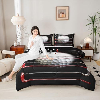 Erosebridal Golf Comforter Set for Men, American Flag Bedding Golf Shape Pattern Quilt Full Size, Sports Games Stars Stripes Bedding Comforter Sets with 2 Pillow Cases, Golf Decor for Home, Black Red